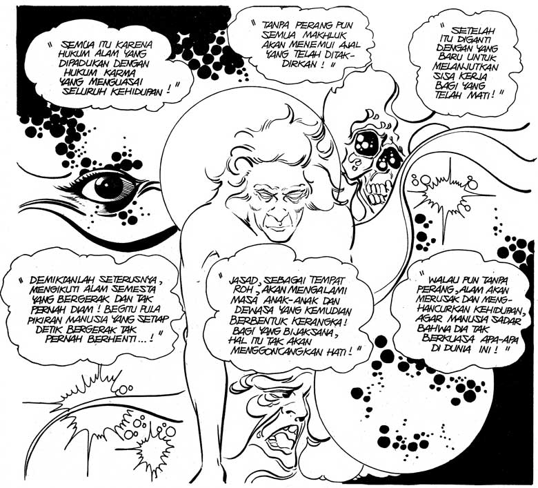 Teguh Santosa was able to overcome a challenge that any comic artist undertaking the Mahabharata must face: the representation of the Bahgavadgita (the translation of the text can be found at the conclusion of the article).